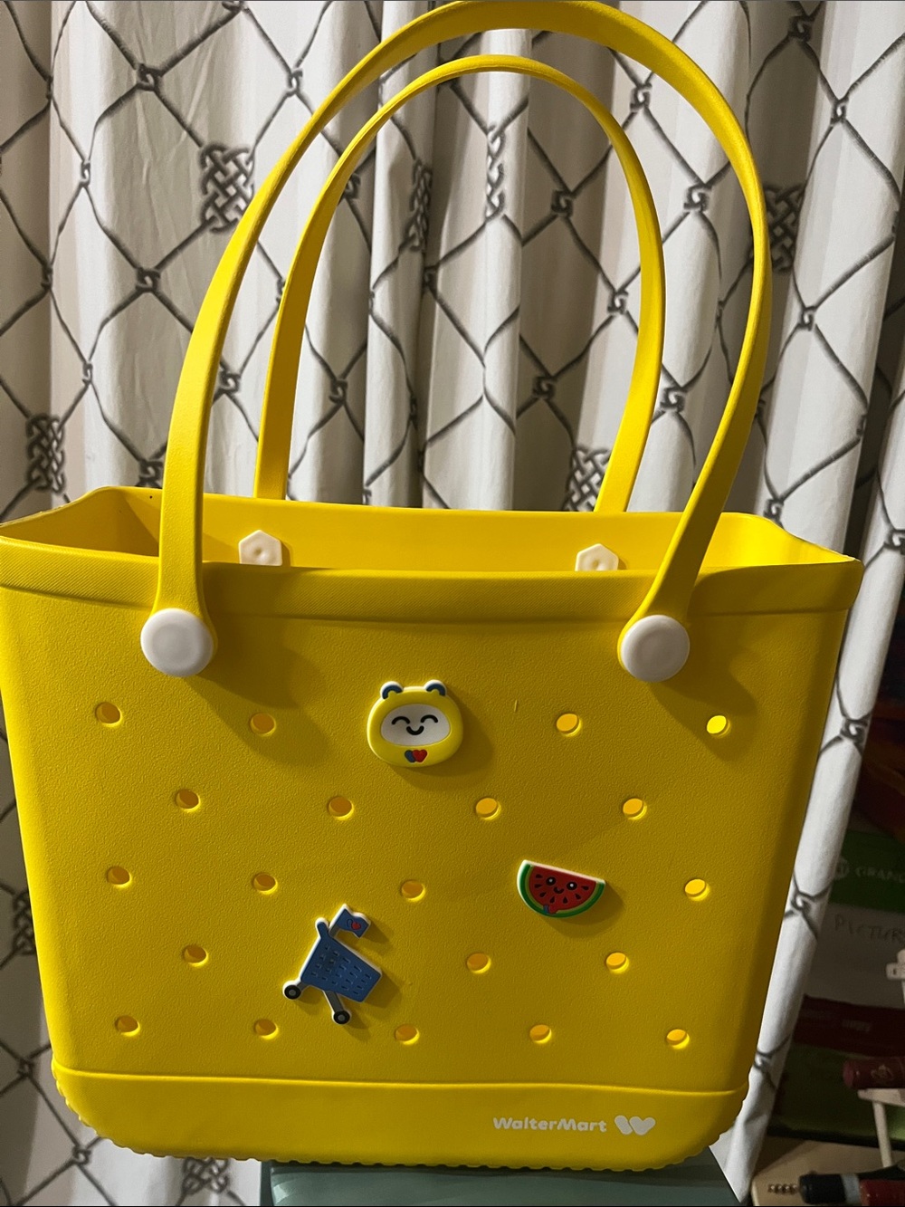 Rubber Beach Bag, Yellow Tote with Playful Charms
